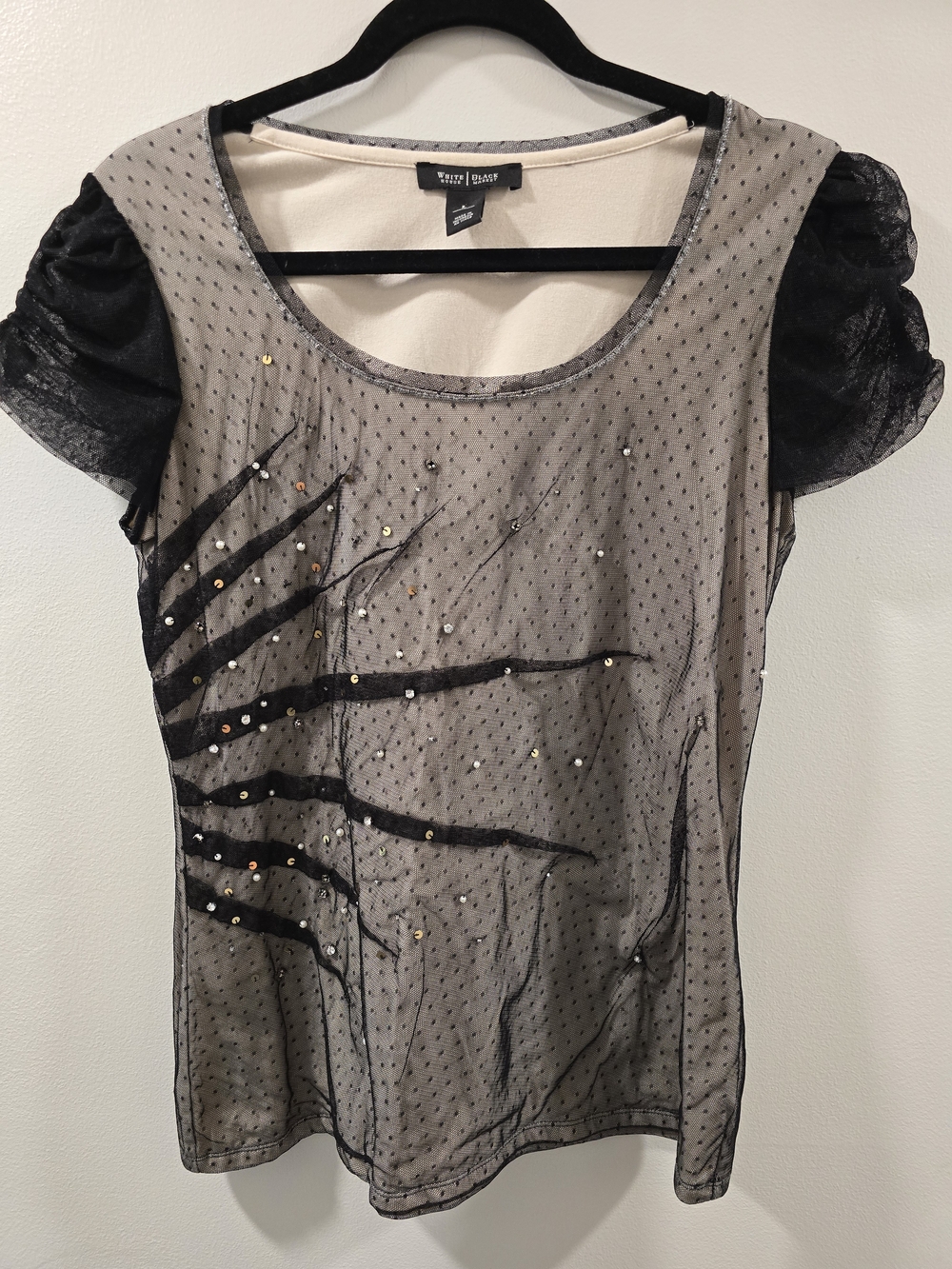 White House Black Market Black Mesh Sequin Short Sleeve Top - Size L